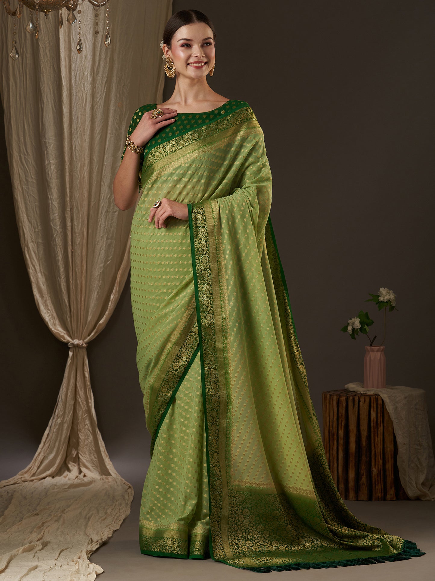 Women's Georgette Light Green Woven Design Designer Saree With Blouse Piece