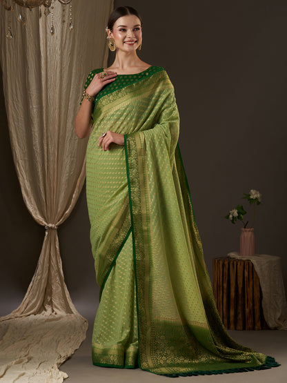 Women's Georgette Light Green Woven Design Designer Saree With Blouse Piece