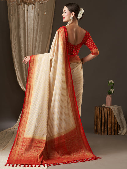 Women's Georgette Off White Woven Design Designer Saree With Blouse Piece