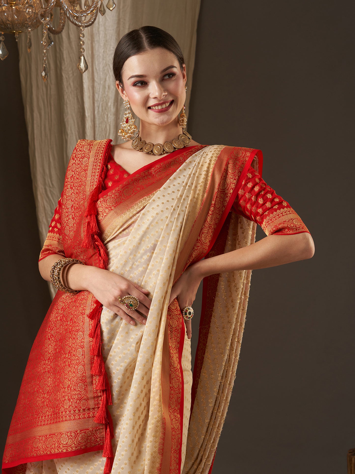 Women's Georgette Off White Woven Design Designer Saree With Blouse Piece