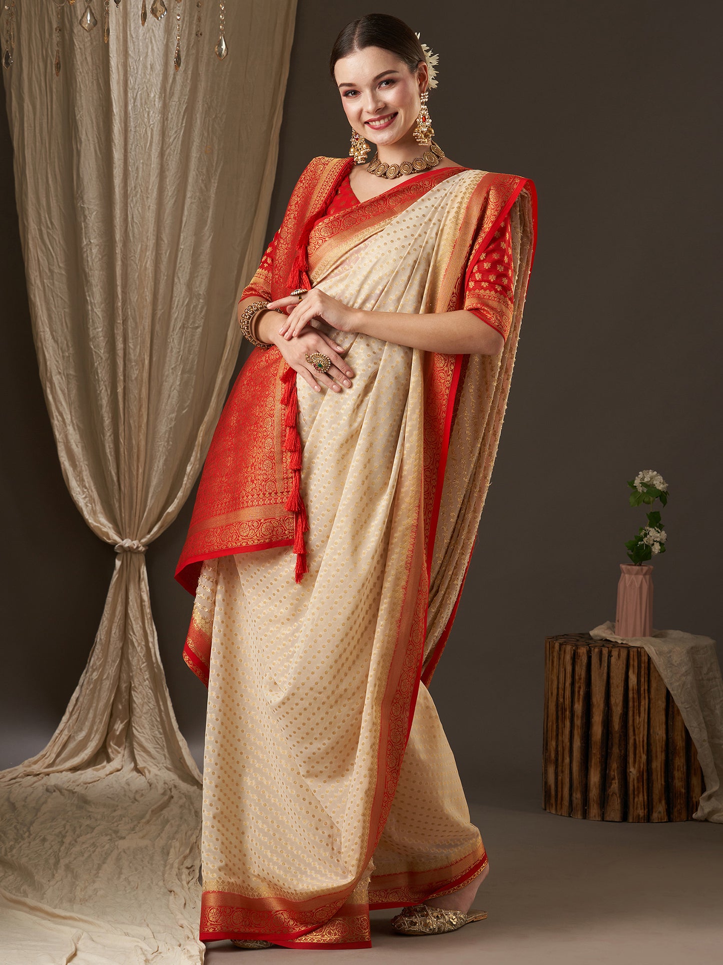 Women's Georgette Off White Woven Design Designer Saree With Blouse Piece