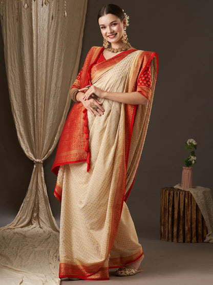 Women's Georgette Off White Woven Design Designer Saree With Blouse Piece