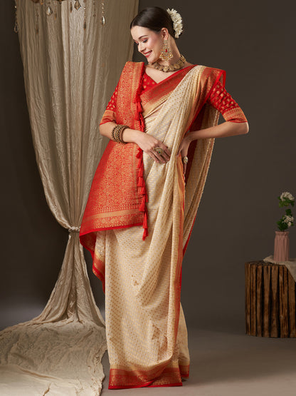 Women's Georgette Off White Woven Design Designer Saree With Blouse Piece