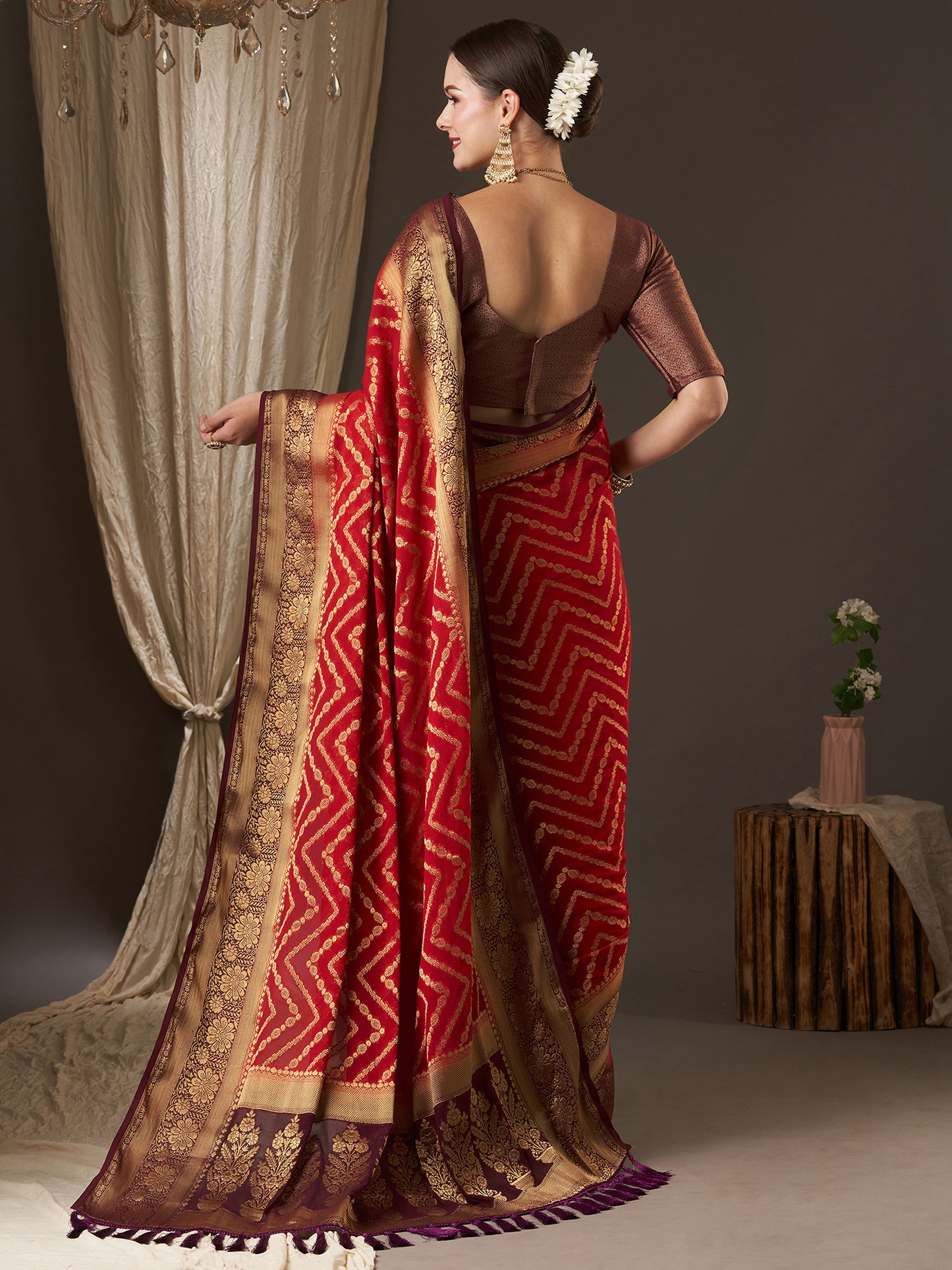 Women's Georgette Maroon Woven Design Designer Saree With Blouse Piece