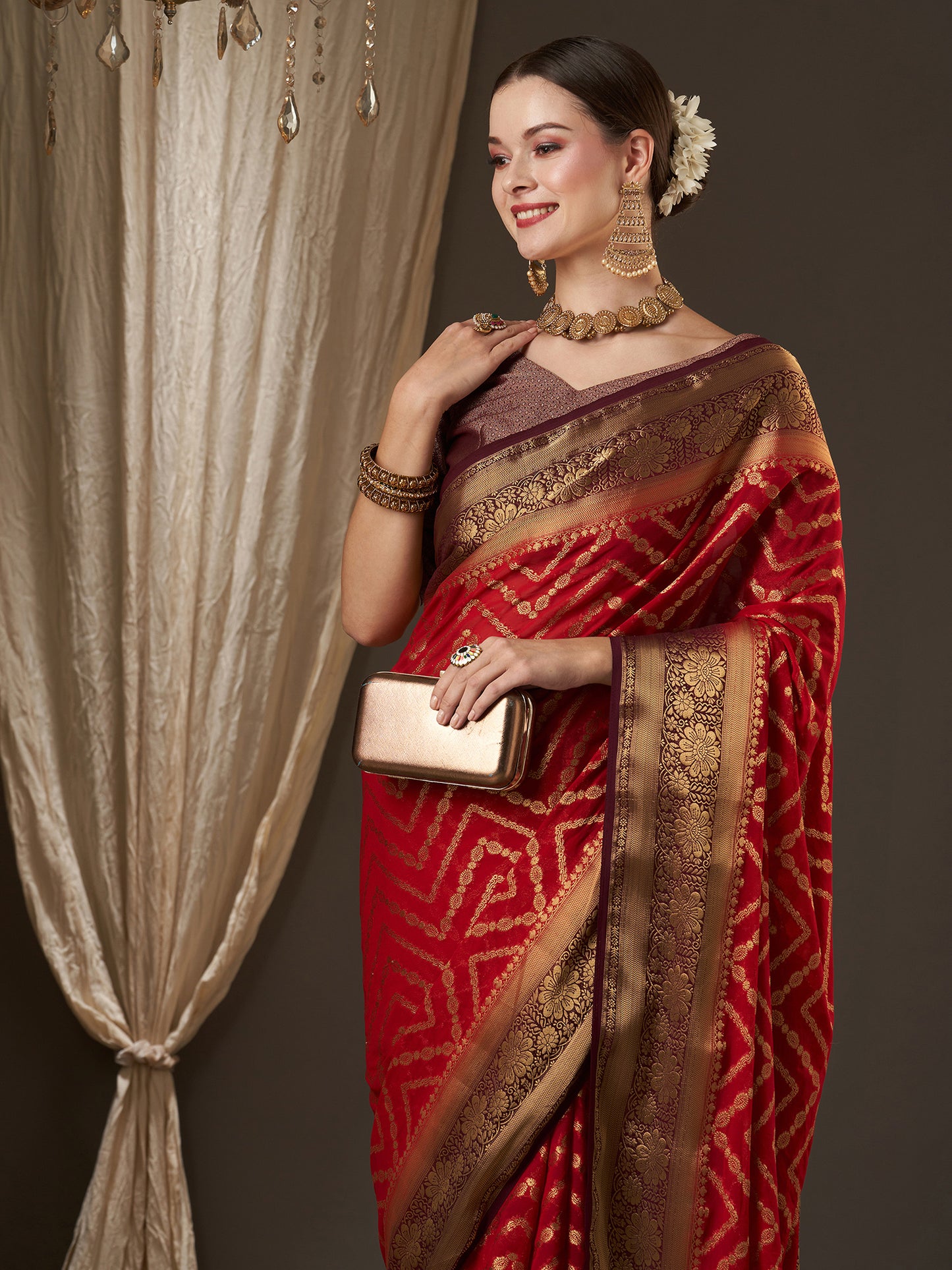 Women's Georgette Maroon Woven Design Designer Saree With Blouse Piece