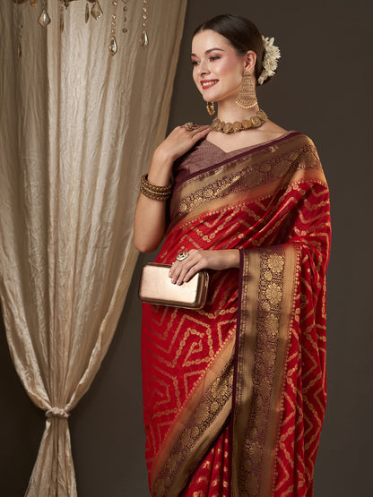 Women's Georgette Maroon Woven Design Designer Saree With Blouse Piece