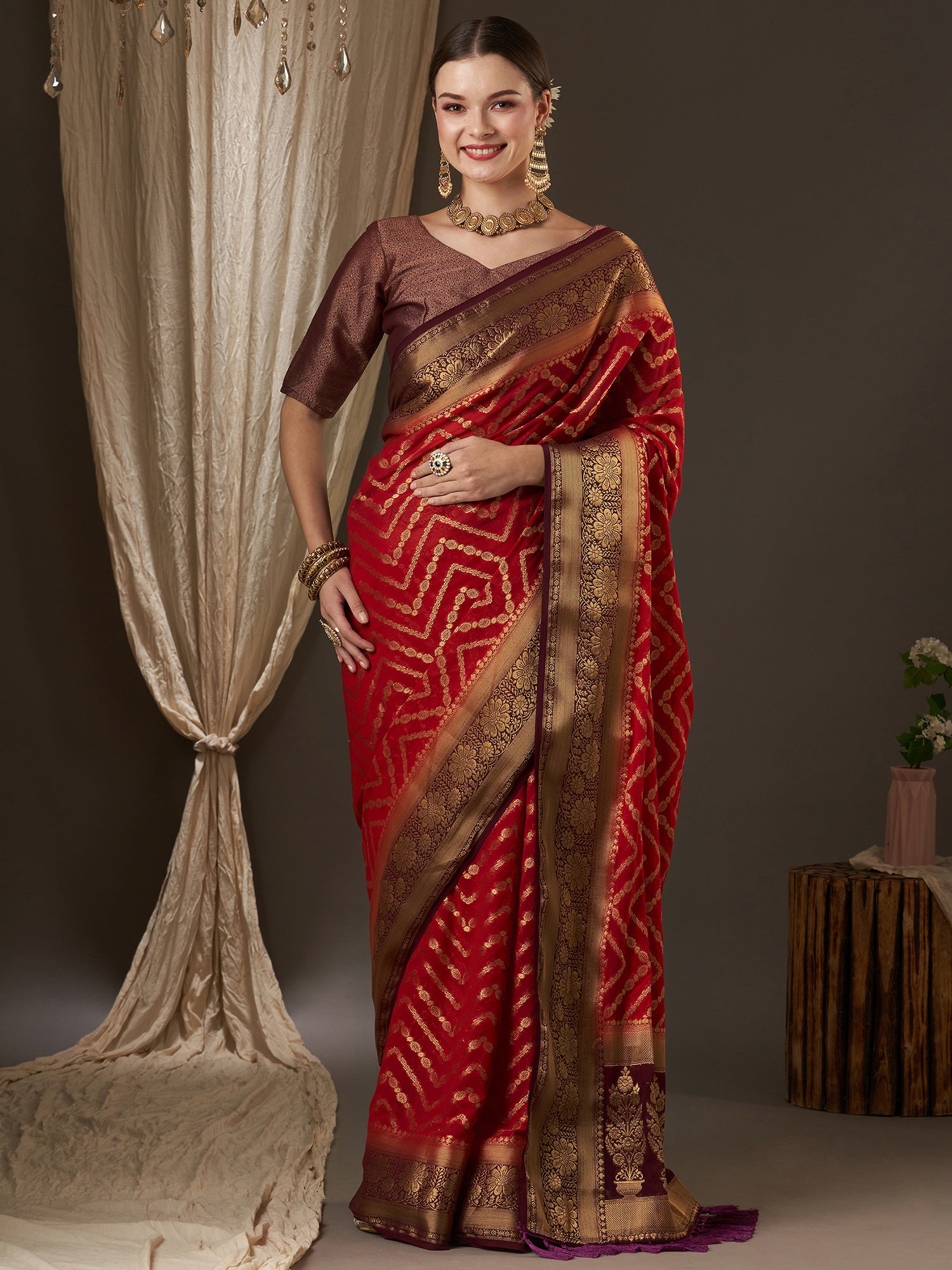 Women's Georgette Maroon Woven Design Designer Saree With Blouse Piece