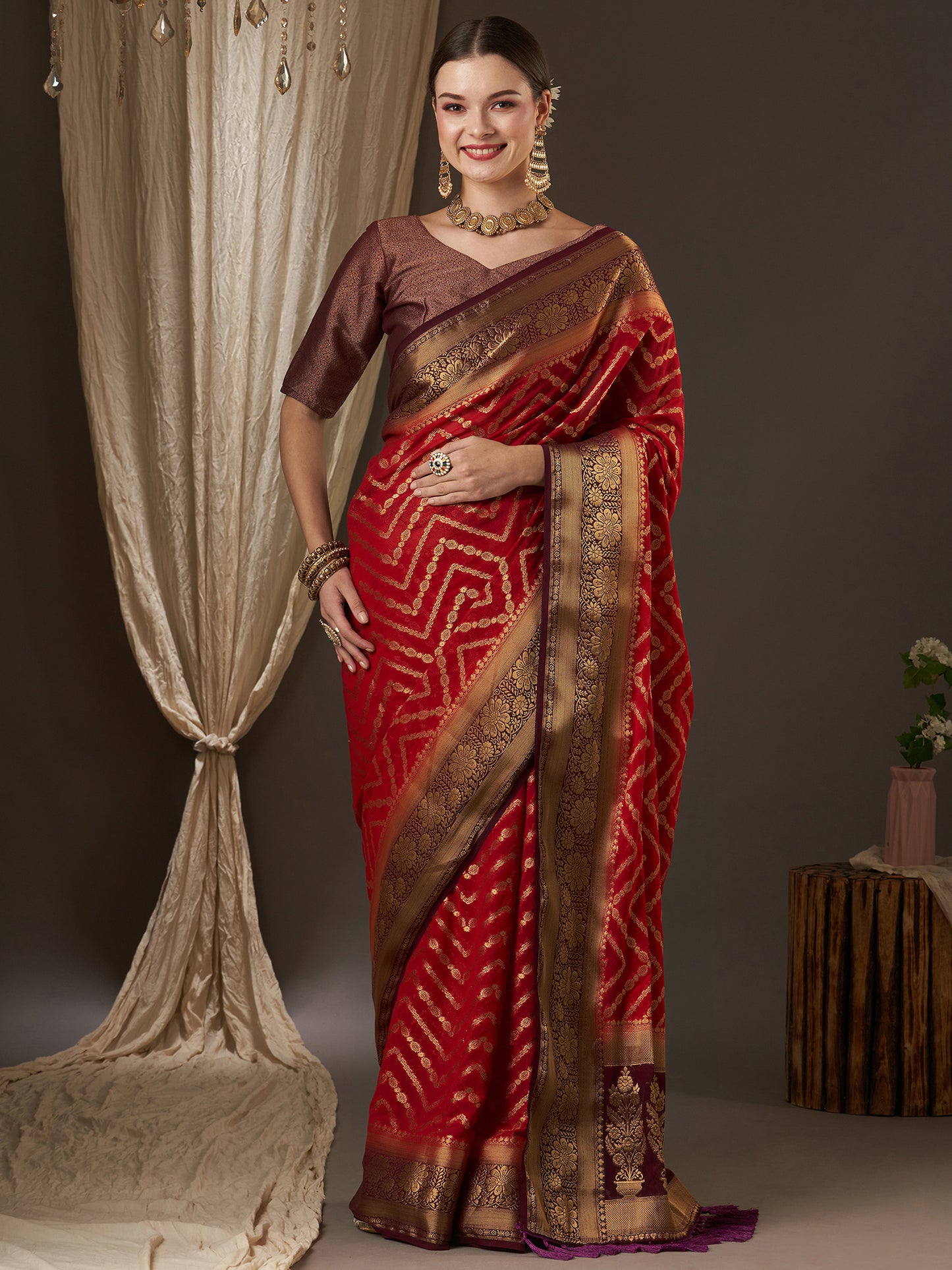 Women's Georgette Maroon Woven Design Designer Saree With Blouse Piece