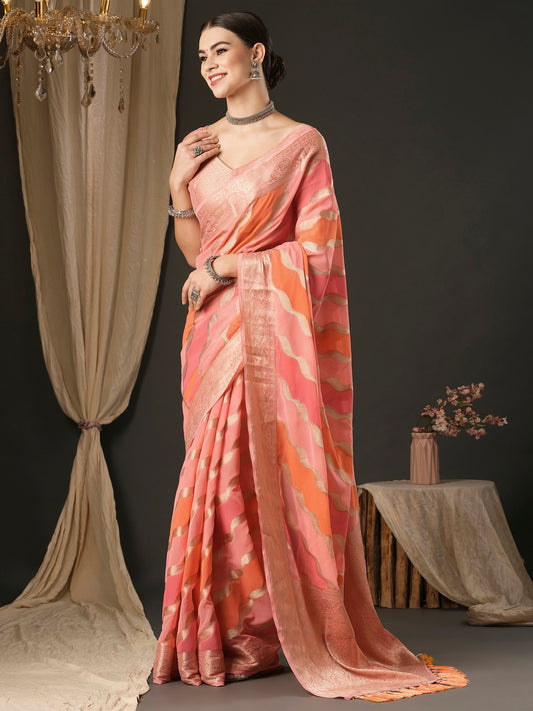 Women's Georgette Pink Woven Design Designer Saree With Blouse Piece