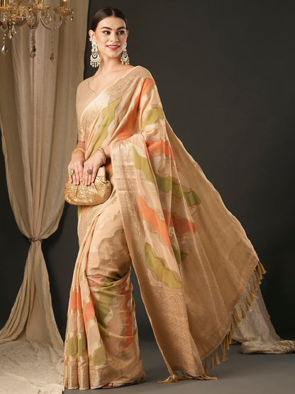 Women's Georgette Cream Woven Design Designer Saree With Blouse Piece