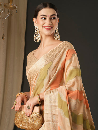 Women's Georgette Cream Woven Design Designer Saree With Blouse Piece