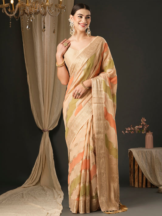 Women's Georgette Cream Woven Design Designer Saree With Blouse Piece