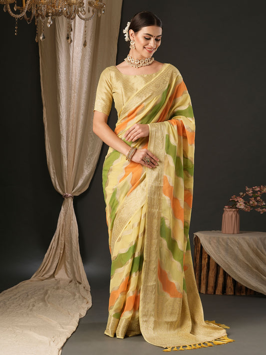 Women's Georgette Yellow Woven Design Designer Saree With Blouse Piece