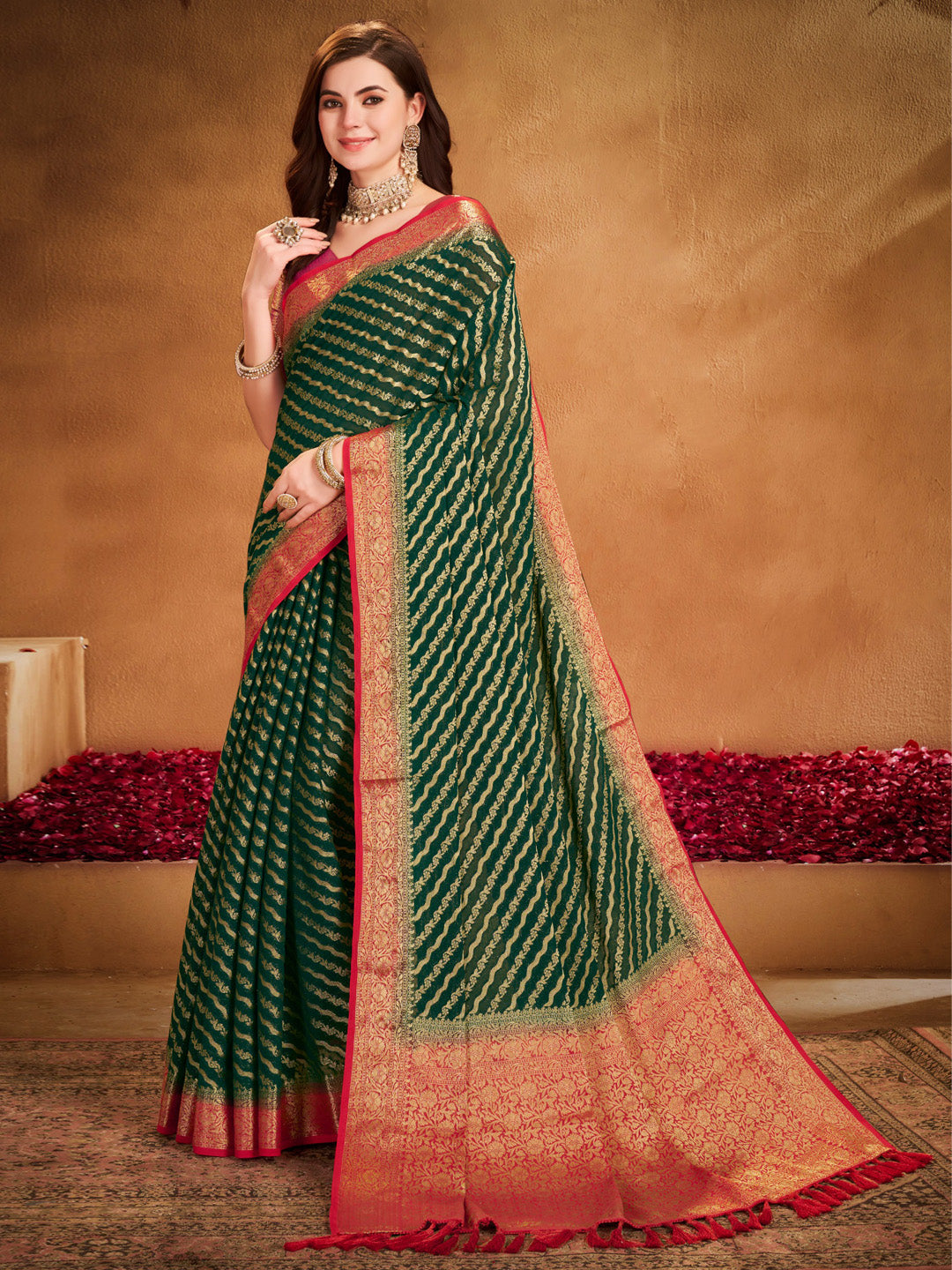 Women's Georgette Green Woven Design Designer Saree With Blouse Piece