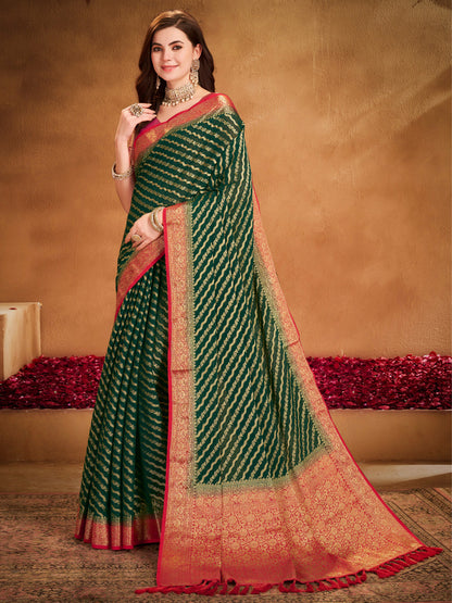 Women's Georgette Green Woven Design Designer Saree With Blouse Piece