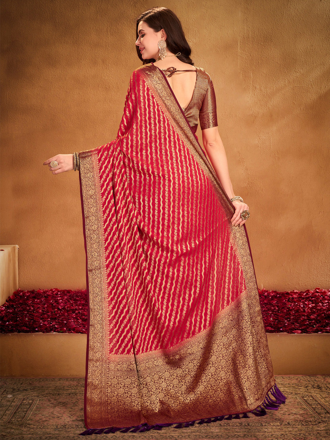 Women's Georgette Red Woven Design Designer Saree With Blouse Piece