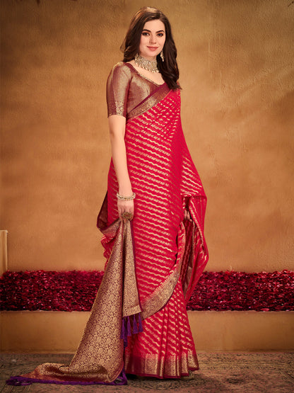 Women's Georgette Red Woven Design Designer Saree With Blouse Piece