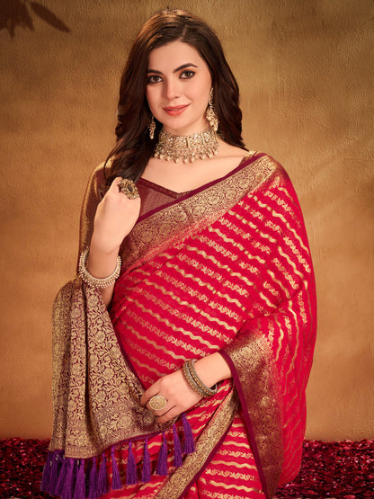 Women's Georgette Red Woven Design Designer Saree With Blouse Piece