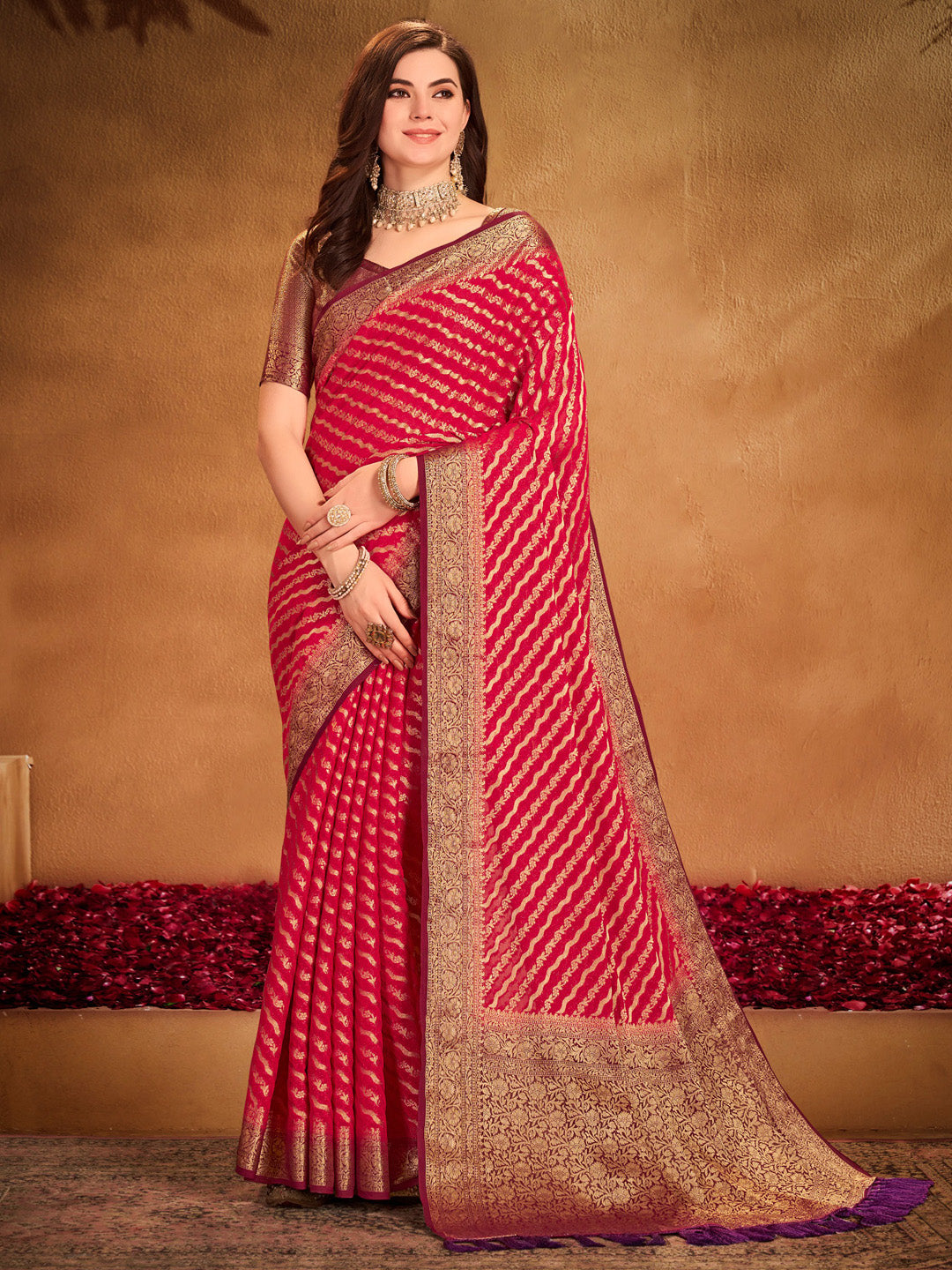 Women's Georgette Red Woven Design Designer Saree With Blouse Piece