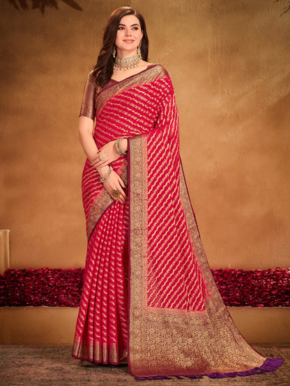Women's Georgette Red Woven Design Designer Saree With Blouse Piece