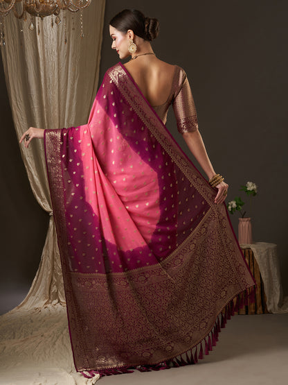 Women's Georgette Pink Woven Design Designer Saree With Blouse Piece