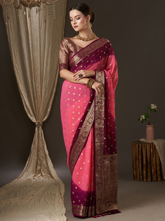 Women's Georgette Pink Woven Design Designer Saree With Blouse Piece