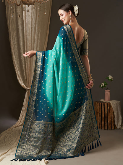 Women's Georgette Blue Woven Design Designer Saree With Blouse Piece