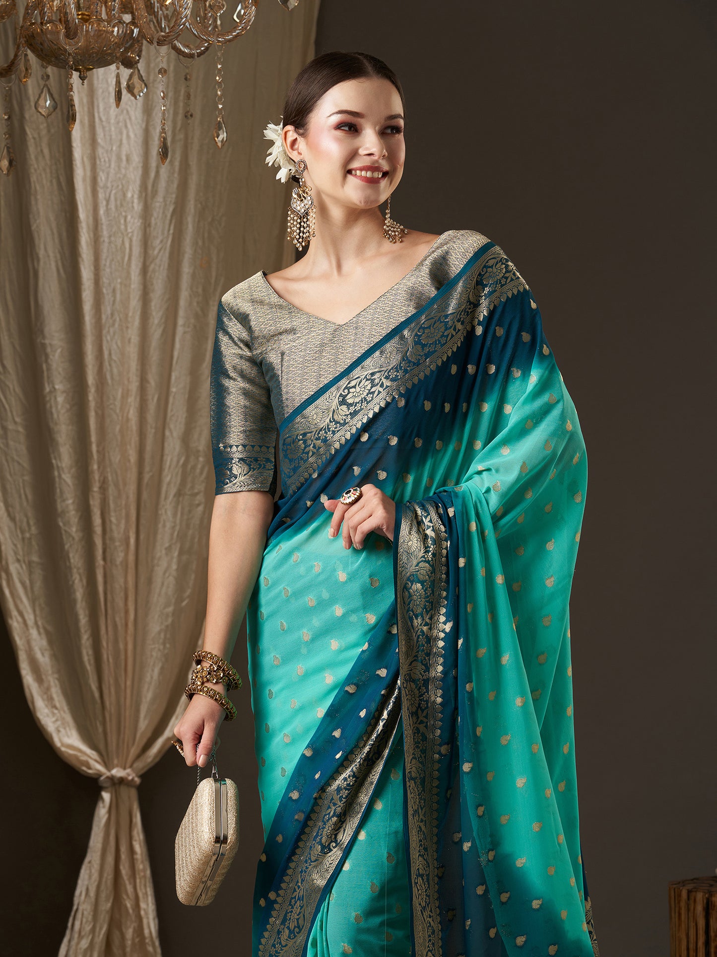 Women's Georgette Blue Woven Design Designer Saree With Blouse Piece