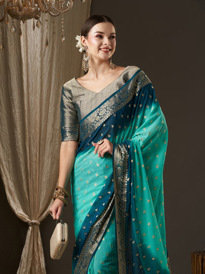 Women's Georgette Blue Woven Design Designer Saree With Blouse Piece