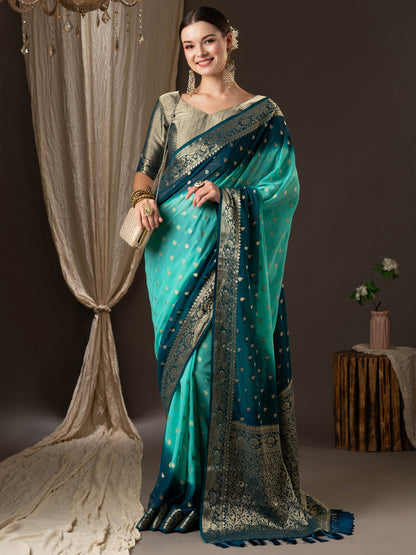 Women's Georgette Blue Woven Design Designer Saree With Blouse Piece