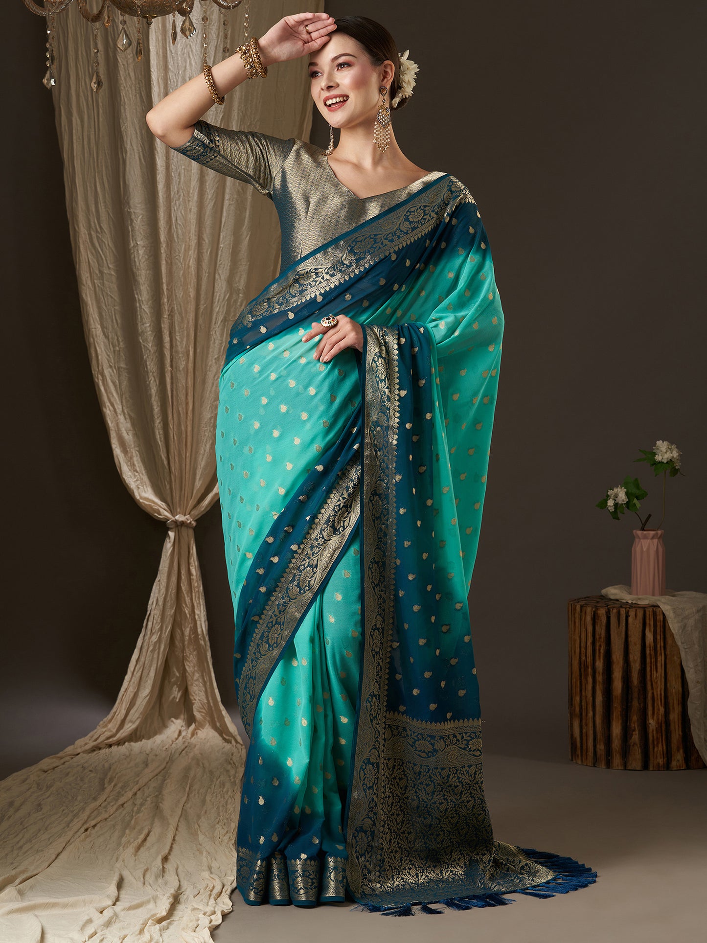 Women's Georgette Blue Woven Design Designer Saree With Blouse Piece