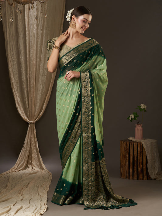 Women's Georgette Light Green Woven Design Designer Saree With Blouse Piece