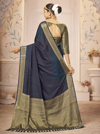 Women's Nylon Navy Blue Woven Design Designer Saree With Blouse Piece