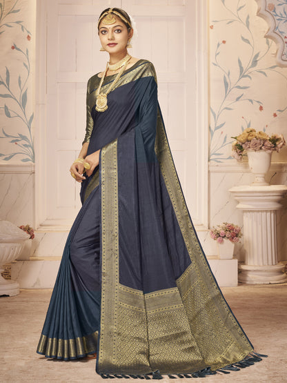 Women's Nylon Navy Blue Woven Design Designer Saree With Blouse Piece