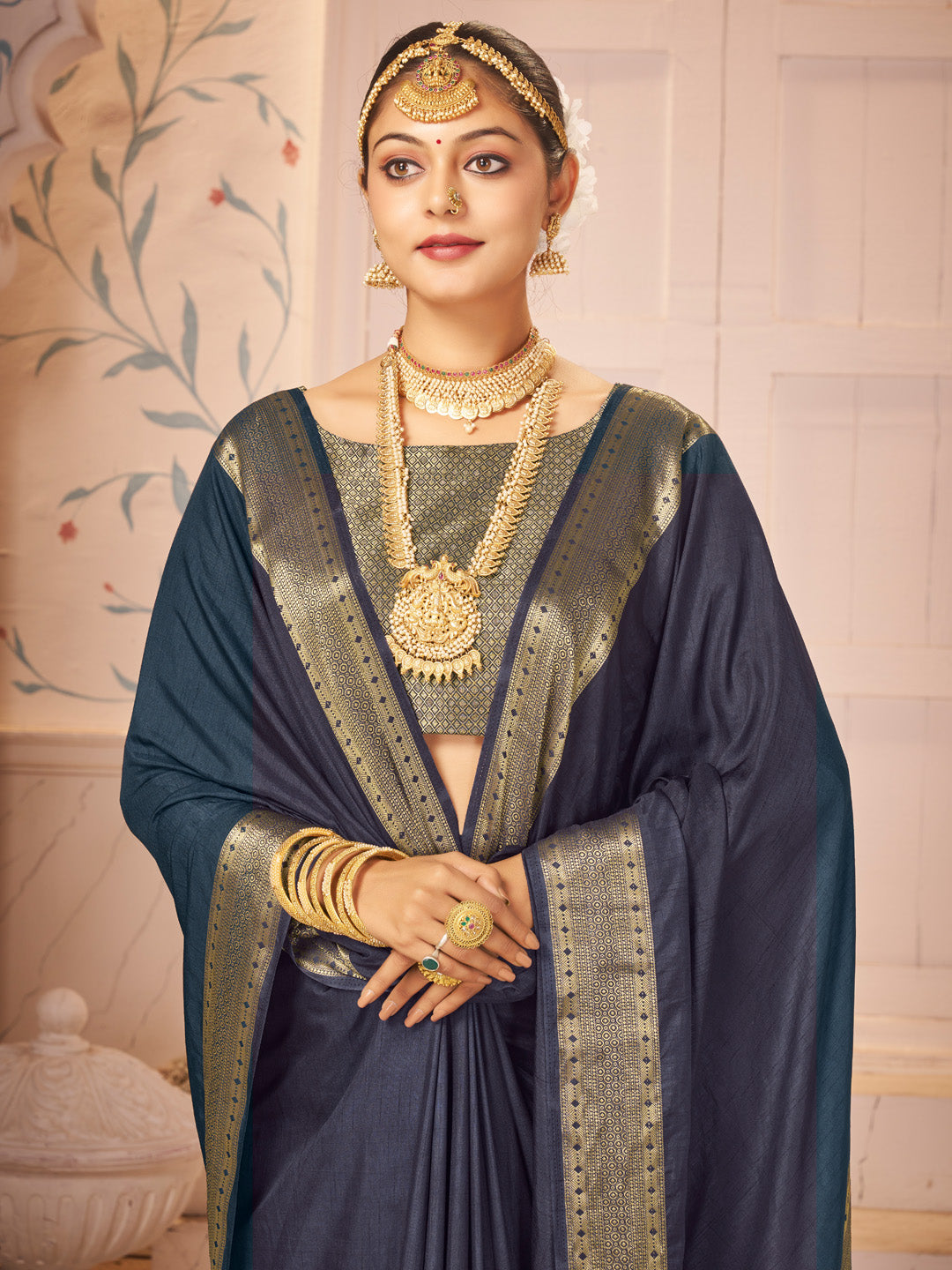 Women's Nylon Navy Blue Woven Design Designer Saree With Blouse Piece