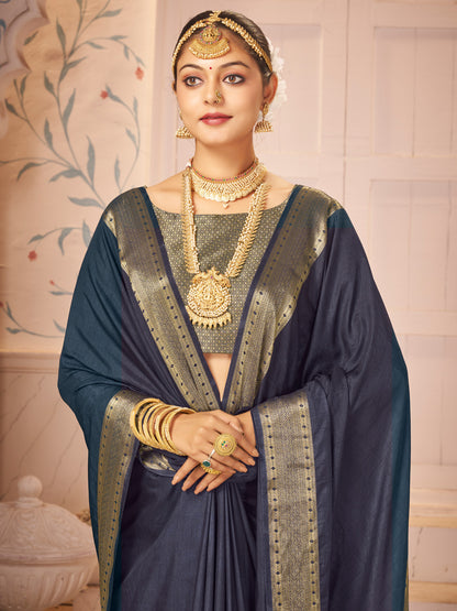 Women's Nylon Navy Blue Woven Design Designer Saree With Blouse Piece