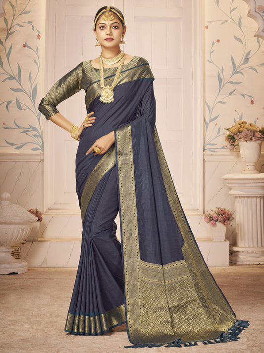 Women's Nylon Navy Blue Woven Design Designer Saree With Blouse Piece