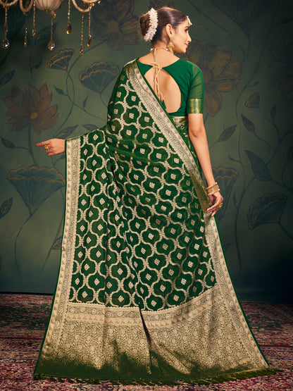 Women's Georgette Green Woven Design Designer Saree With Blouse Piece