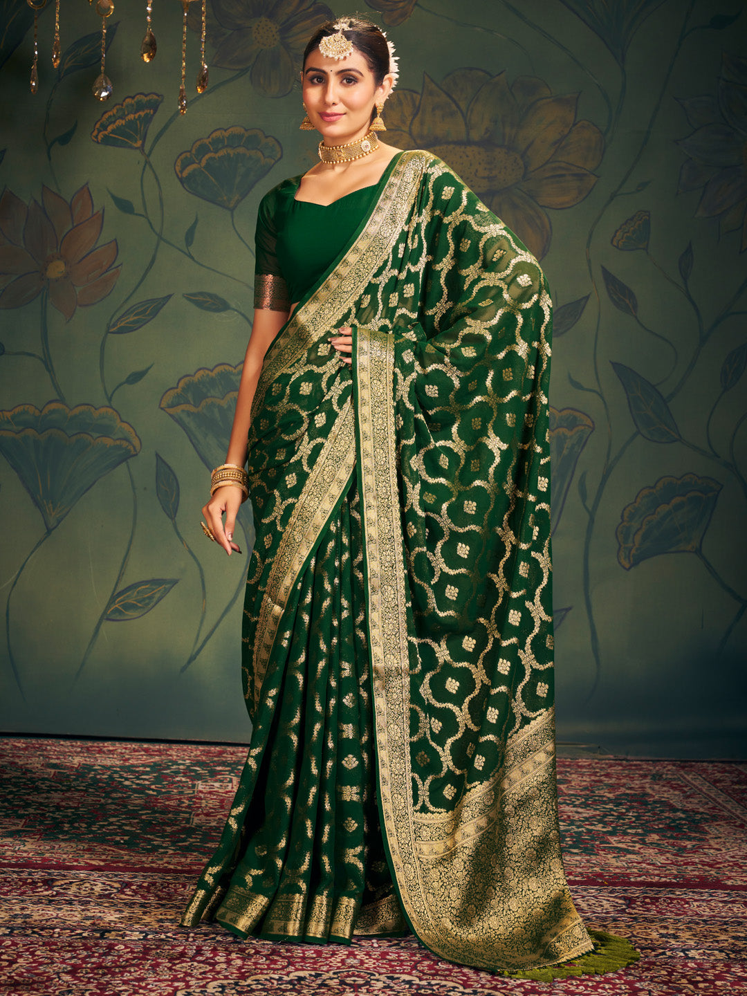 Women's Georgette Green Woven Design Designer Saree With Blouse Piece