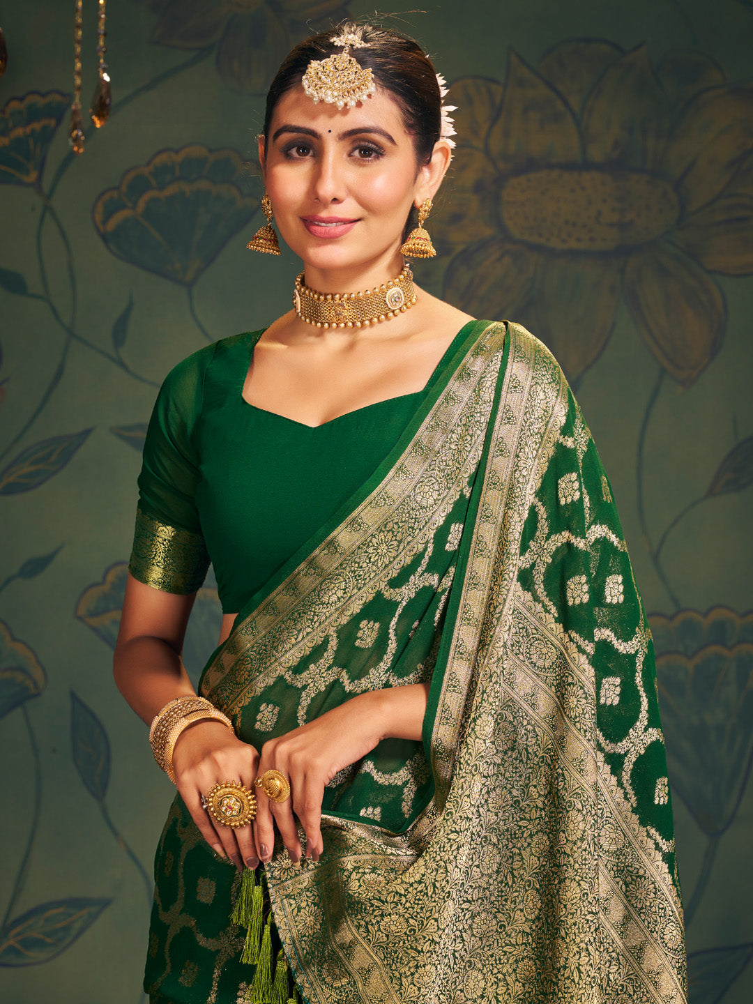 Women's Georgette Green Woven Design Designer Saree With Blouse Piece
