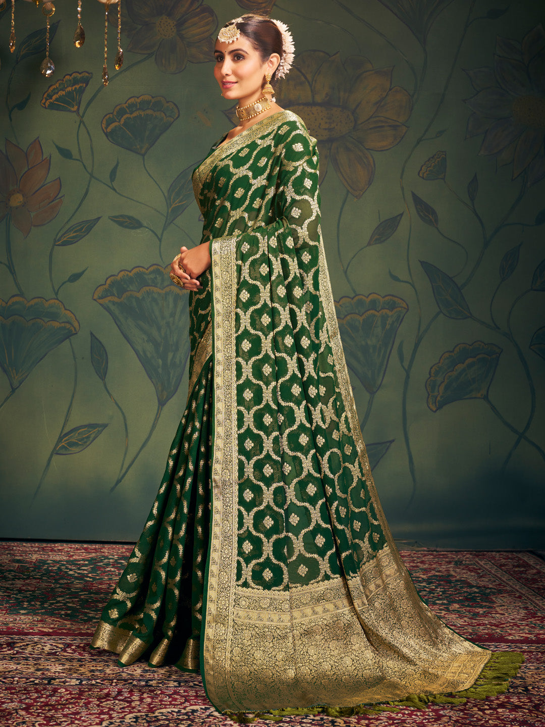 Women's Georgette Green Woven Design Designer Saree With Blouse Piece