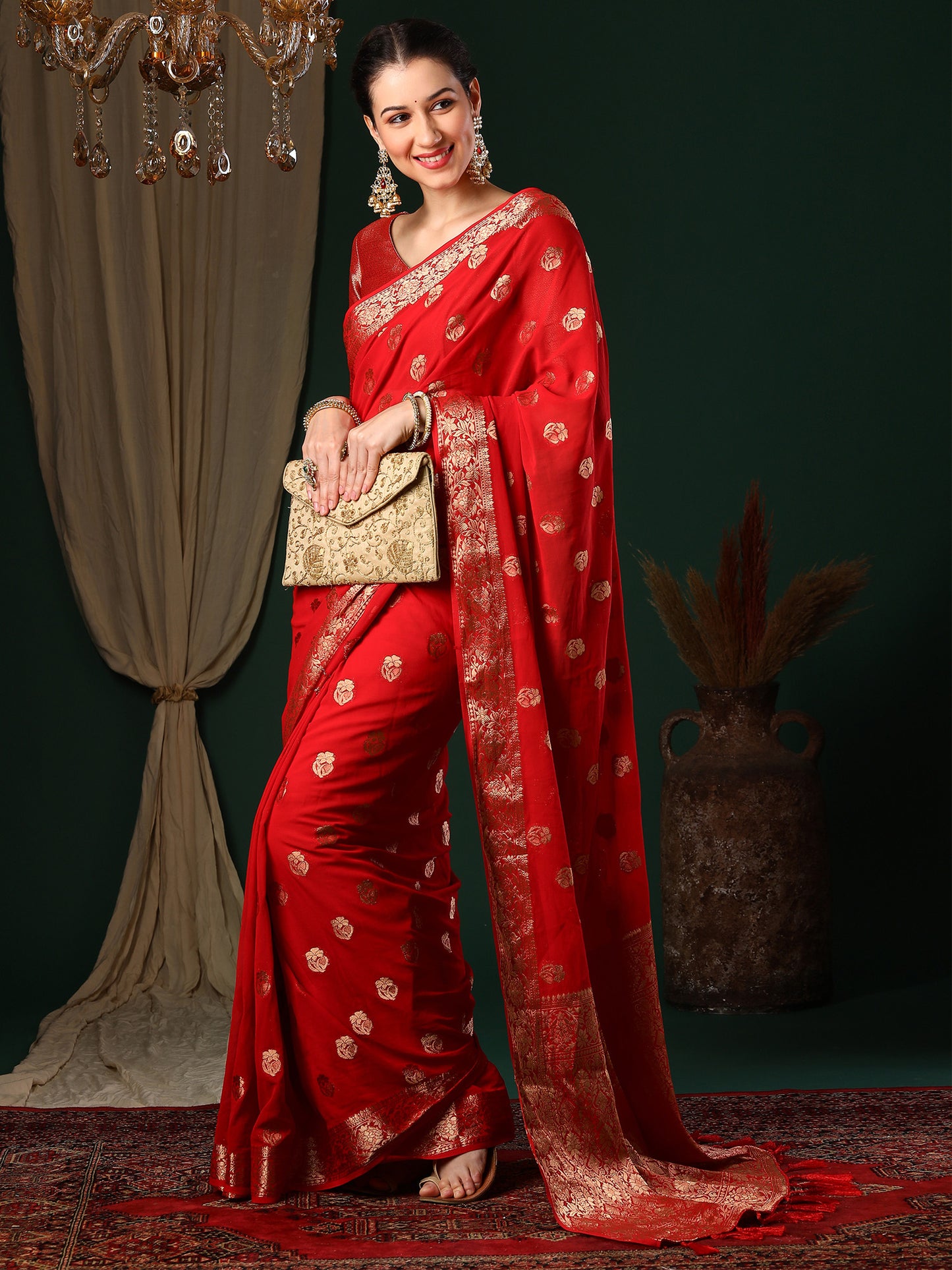 Women's Georgette Red Woven Design Designer Saree With Blouse Piece