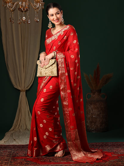 Women's Georgette Red Woven Design Designer Saree With Blouse Piece