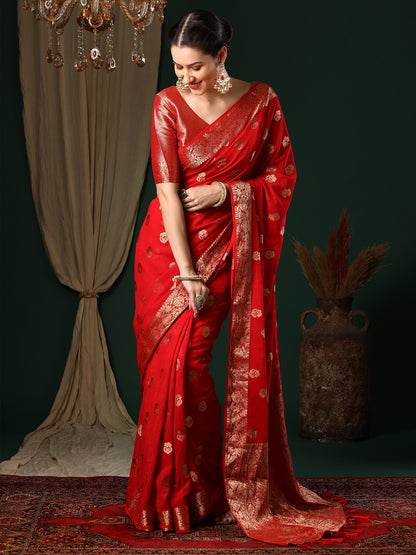 Women's Georgette Red Woven Design Designer Saree With Blouse Piece