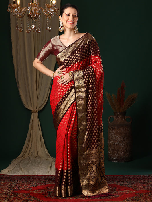Women's Georgette Red Woven Design Designer Saree With Blouse Piece