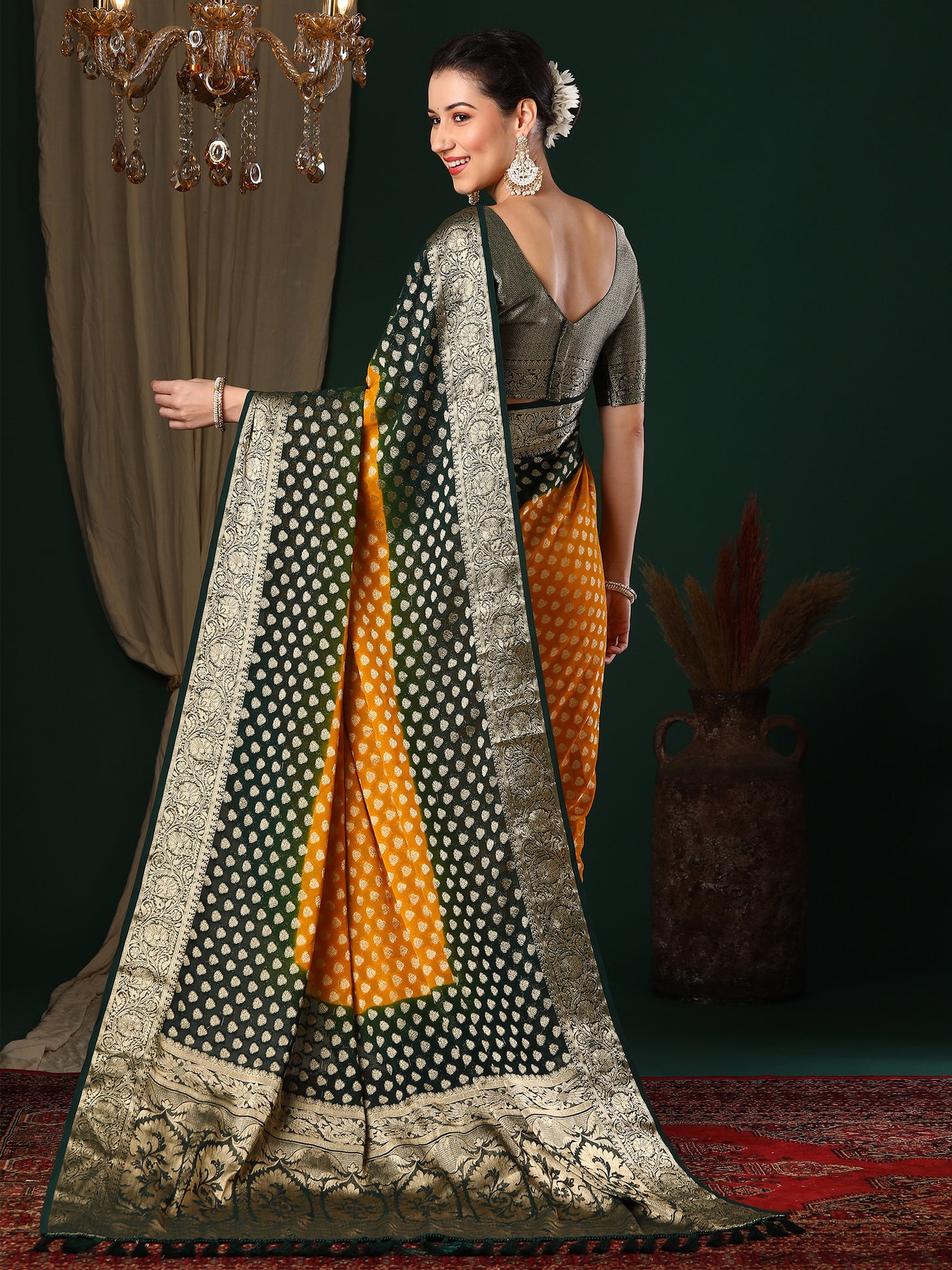 Women's Georgette Yellow Woven Design Designer Saree With Blouse Piece