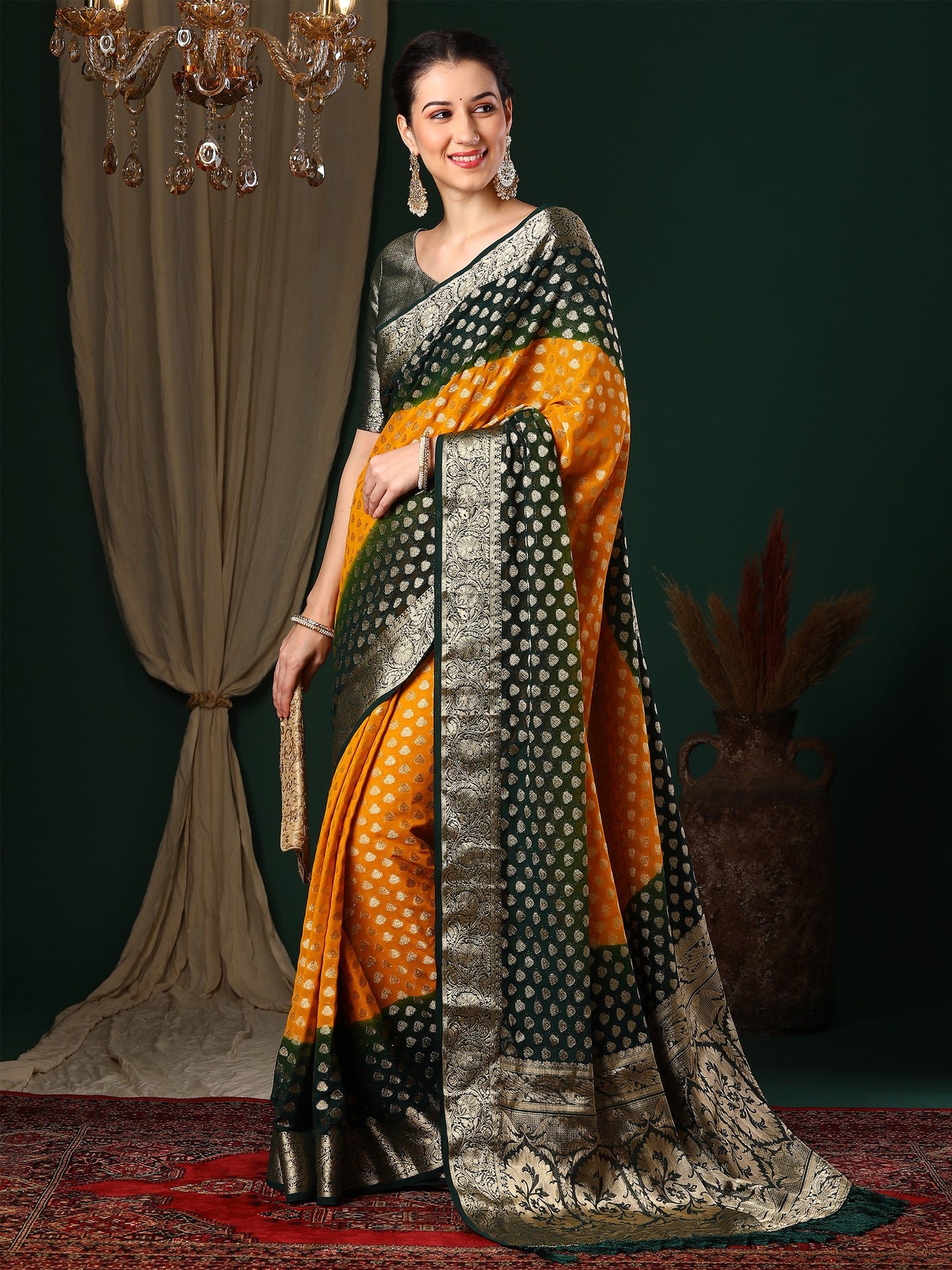 Women's Georgette Yellow Woven Design Designer Saree With Blouse Piece