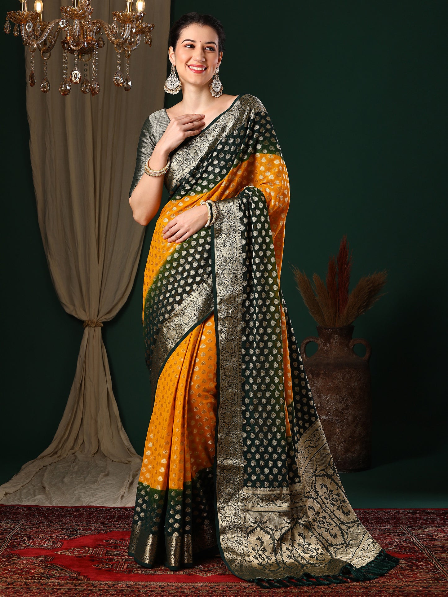 Women's Georgette Yellow Woven Design Designer Saree With Blouse Piece