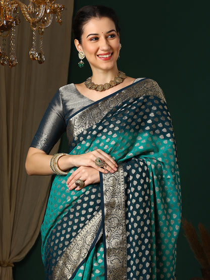 Women's Georgette Blue Woven Design Designer Saree With Blouse Piece