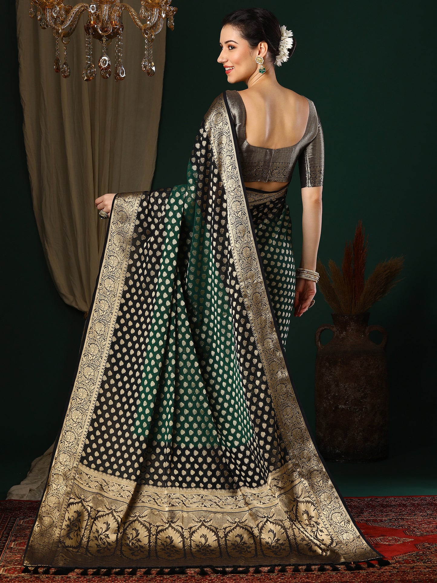Women's Georgette Green Woven Design Designer Saree With Blouse Piece